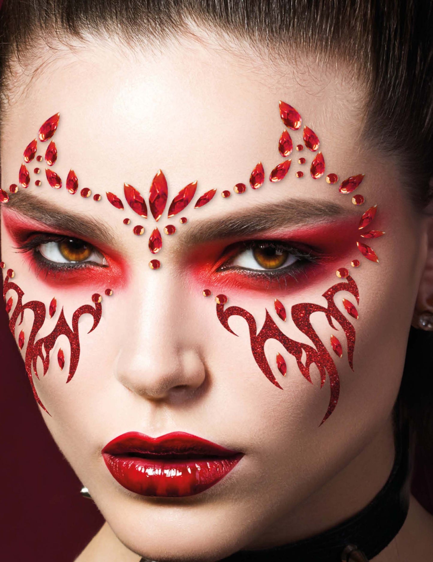 Bijoux pour visage adhésifs démon enflammé pour femme rouge