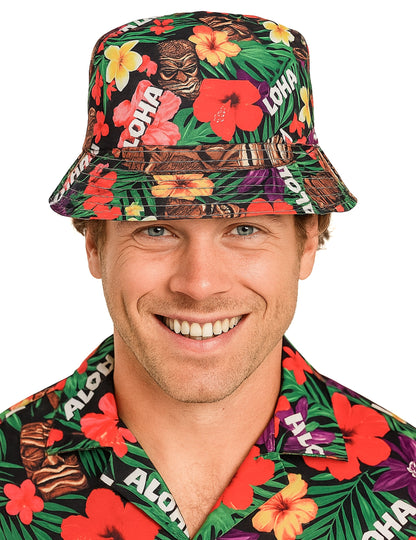 Bob Hawaïen imprimé Aloha pour adulte noir avec fleurs tropicales et motifs tiki