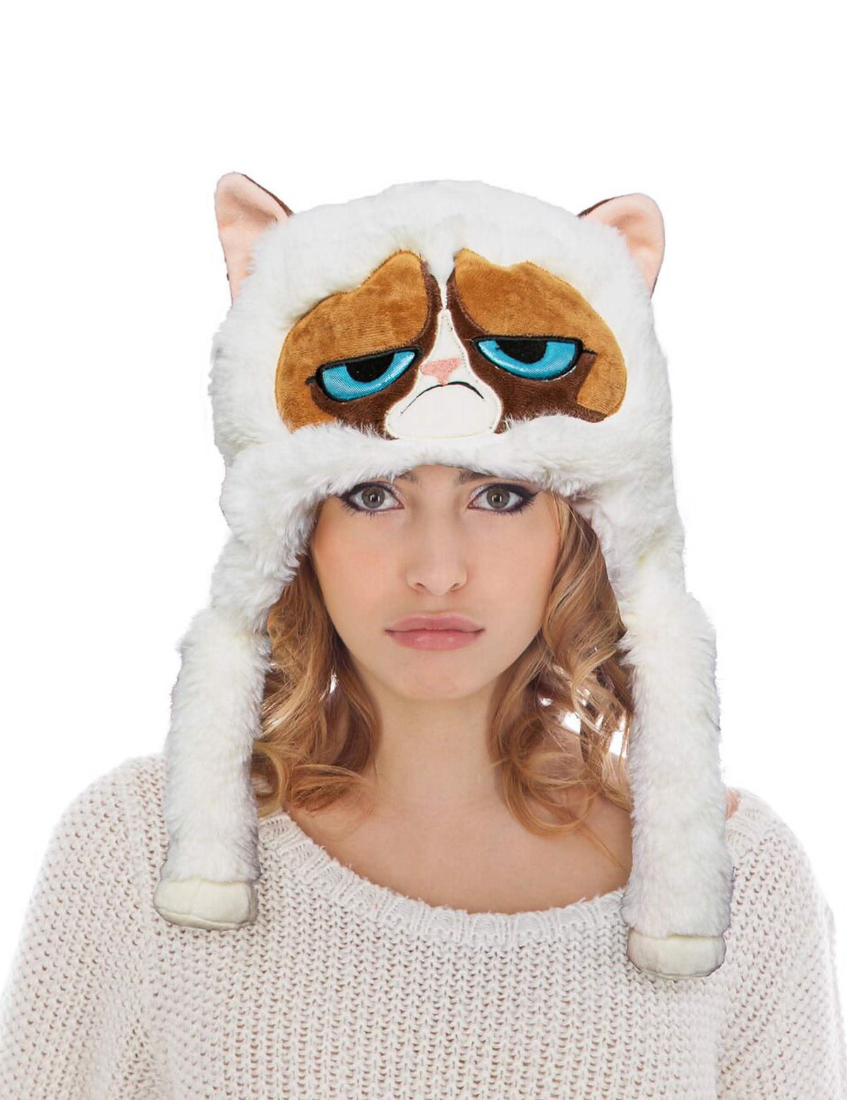 Grumpy cat™ -myssy aikuisille valkoinen ja ruskea tekoturkista