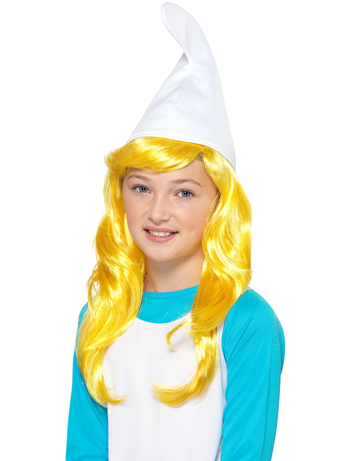 Vue de face avec perruque blonde du Bonnet Schtroumpf pour enfant