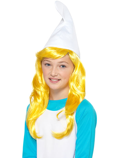 Vue de face avec perruque blonde du Bonnet Schtroumpf pour enfant