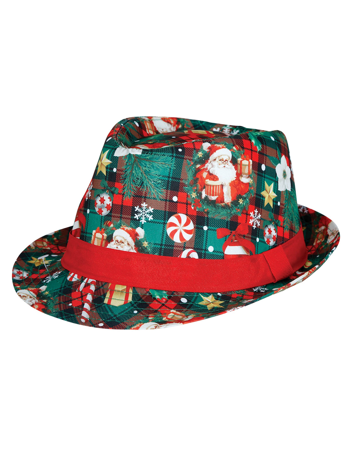Vue de trois-quarts du Borsalino tartan et motifs de Noël