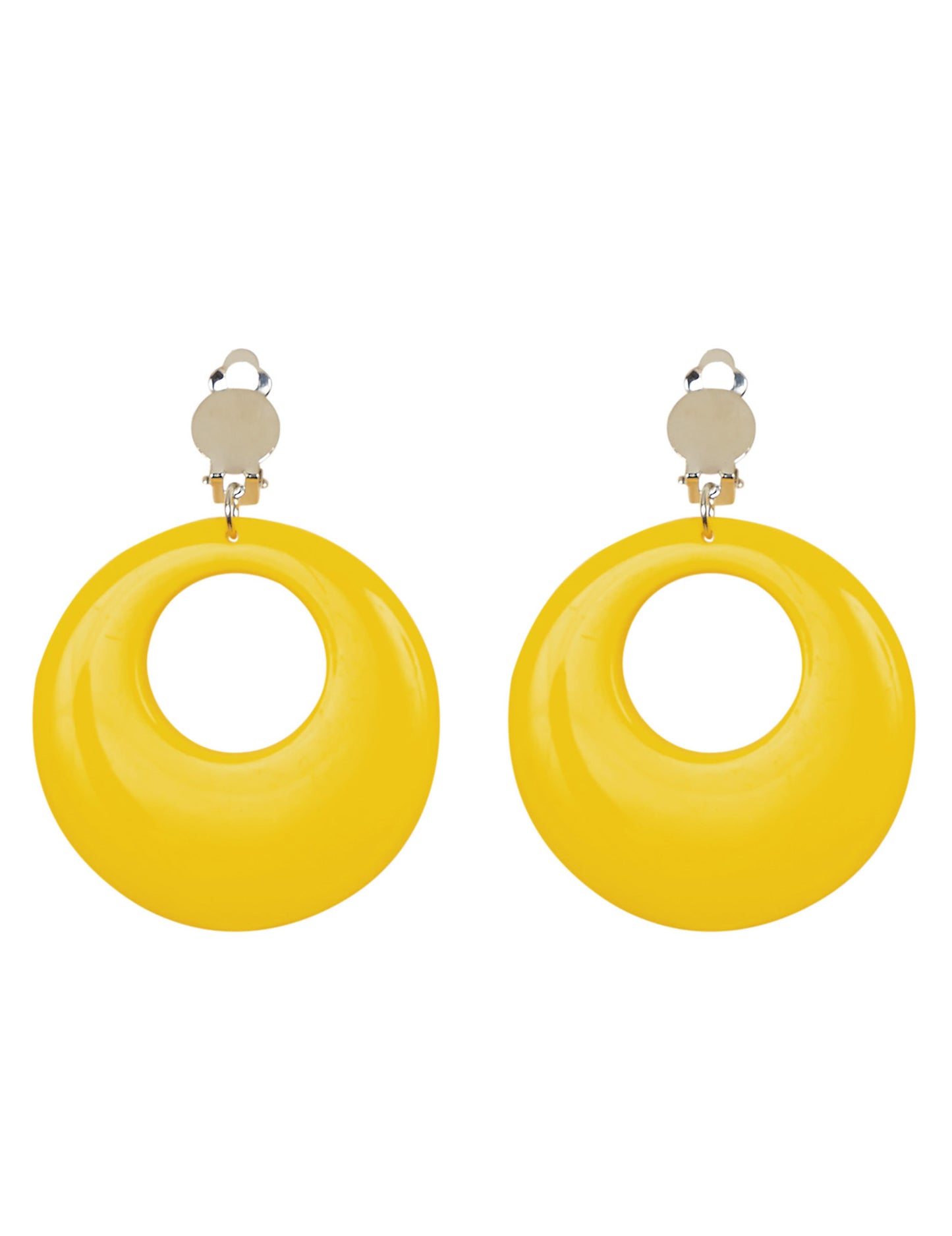 Détail du fermoir à clip des boucles d'oreilles jaune fluo pour adulte