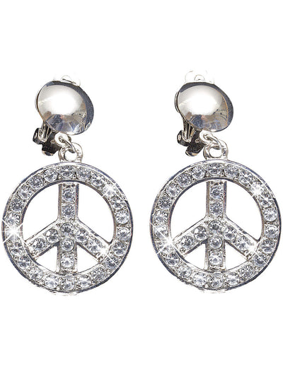 Boucles d'oreilles peace and love pour adulte argentées avec strass