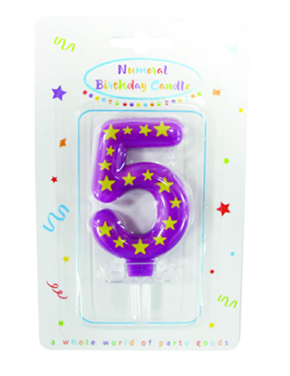 Numero 5 violetti numerokynttilä tähdillä synttärikakkuun