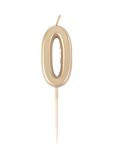 Syntymäpäiväkynttilä numero 0 metallinhohtoinen kulta 4,3 cm tikulla
