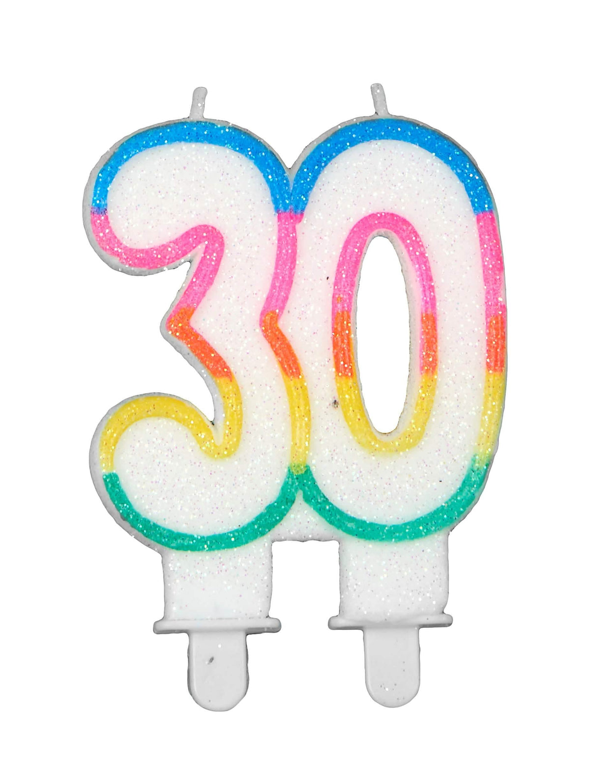 Bougie d'anniversaire chiffre 30 pour adulte blanche pailletée avec bordure arc-en-ciel