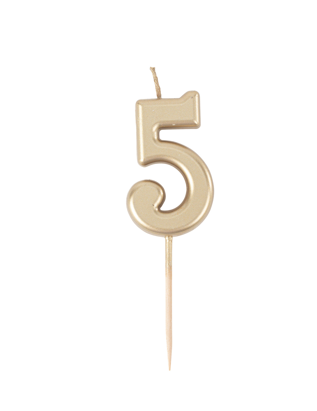 Syntymäpäiväkynttilä numero 5 metallinhohtoinen kulta 4,3 cm tikulla