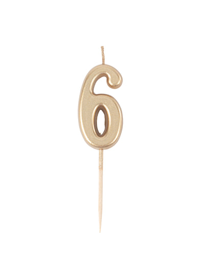 Syntymäpäiväkynttilä Numero 6 Kultametalli 4,3 cm piikillä