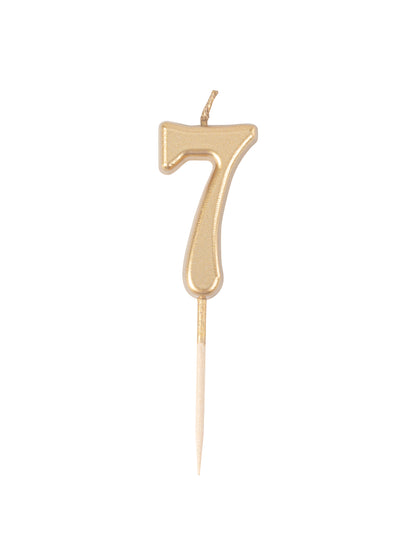Syntymäpäiväkynttilä numero 7 kultainen metallinen 4,3 cm tikulla