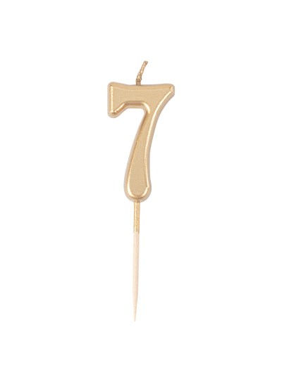 Syntymäpäiväkynttilä numero 7 kultainen metallinen 4,3 cm tikulla