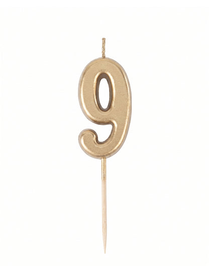 Syntymäpäiväkynttilä numero 9 kultametalli 4,3 cm tikulla