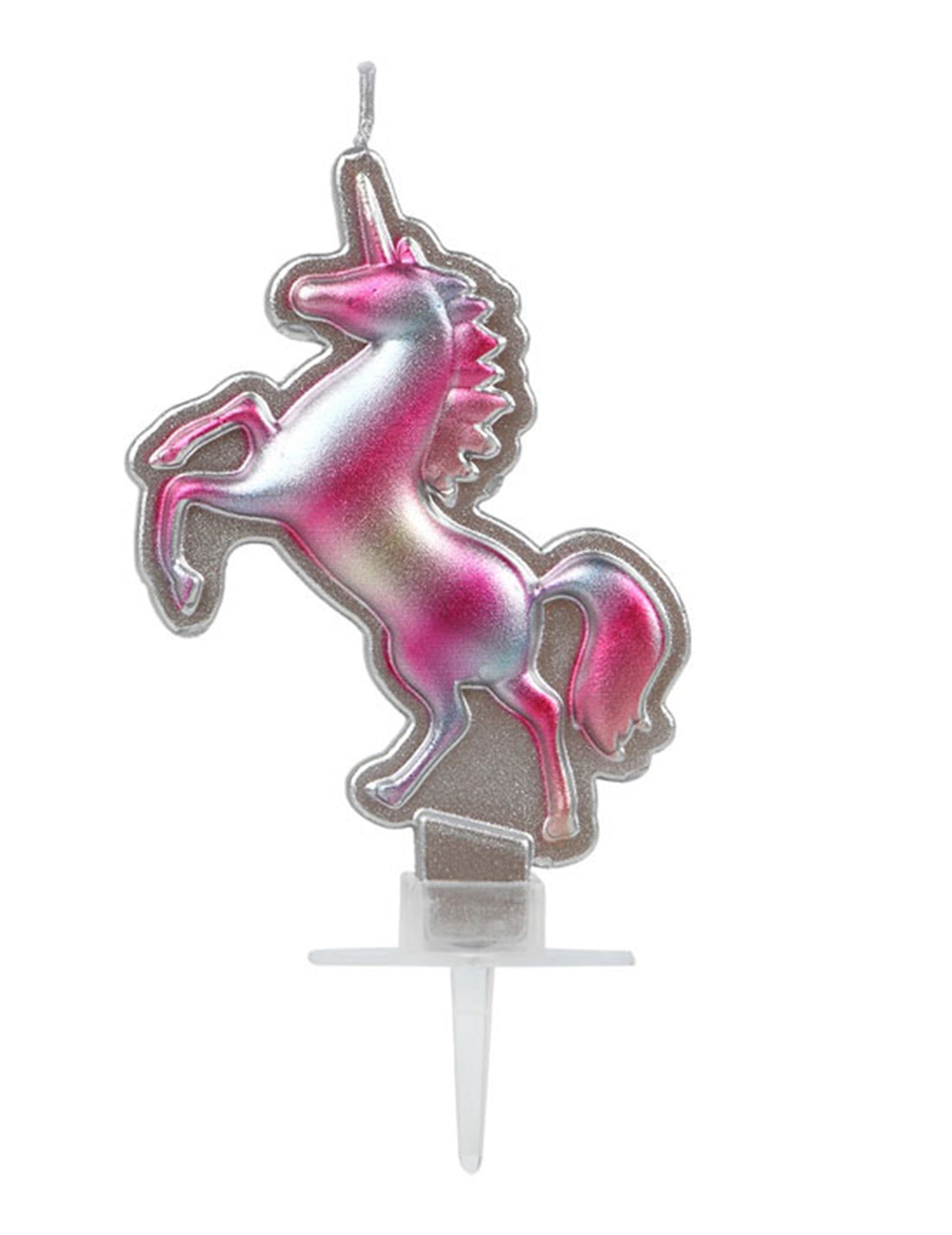 Bougie licorne pour anniversaire rose et argent