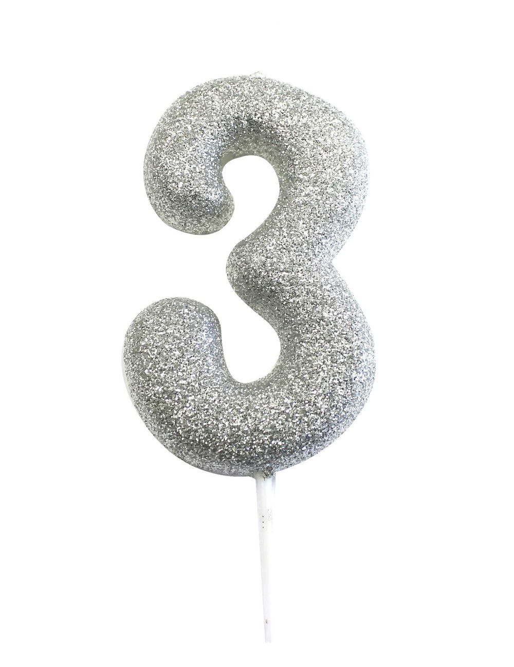 Bougie sur pique chiffre 3 pour anniversaire argent pailleté