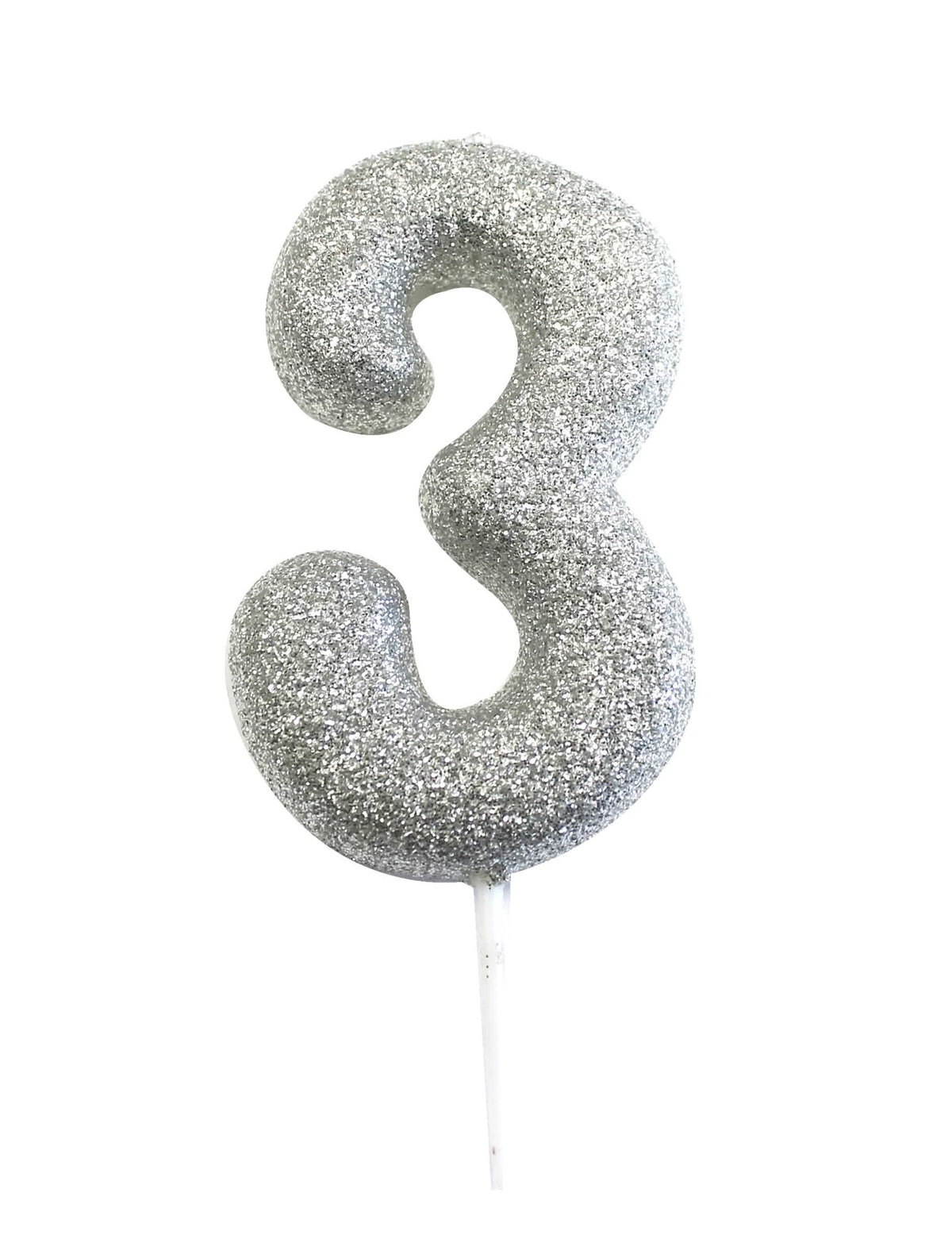 Bougie sur pique chiffre 3 pour anniversaire argent pailleté