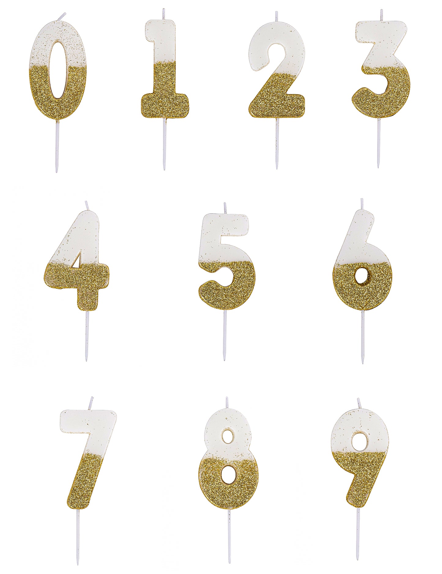 Bougie sur pique chiffre pour anniversaire blanche et dorée pailletée