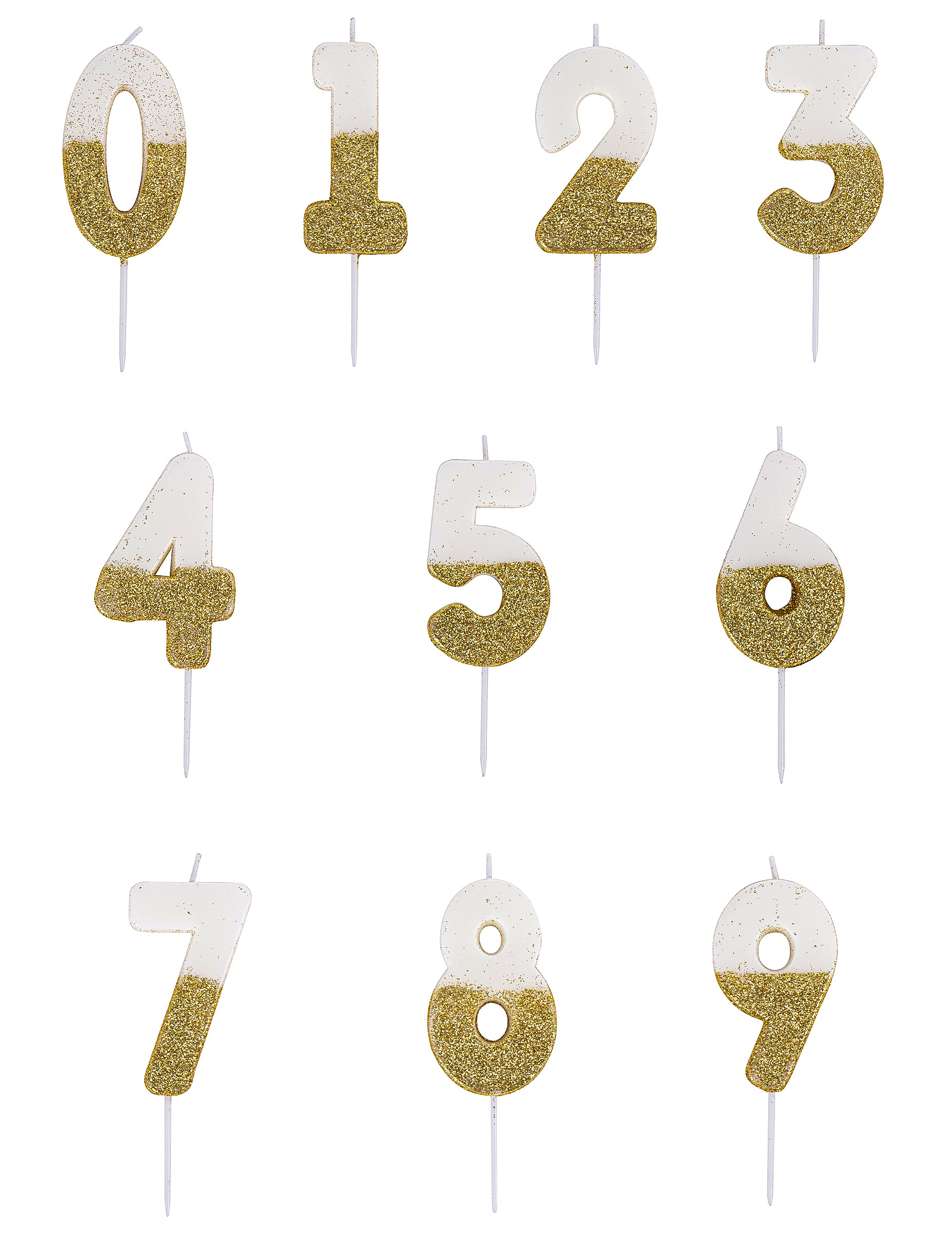 Bougie sur pique chiffre pour anniversaire blanche et dorée pailletée