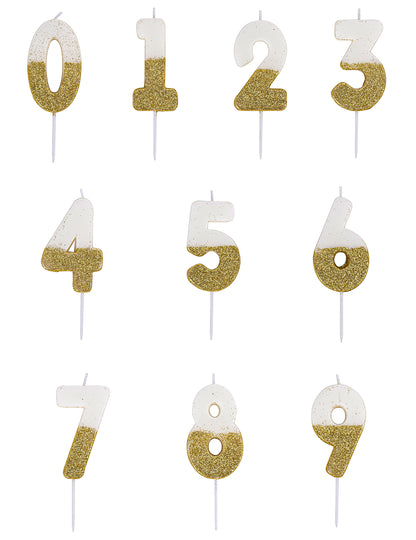 Bougie sur pique chiffre pour anniversaire blanche et dorée pailletée