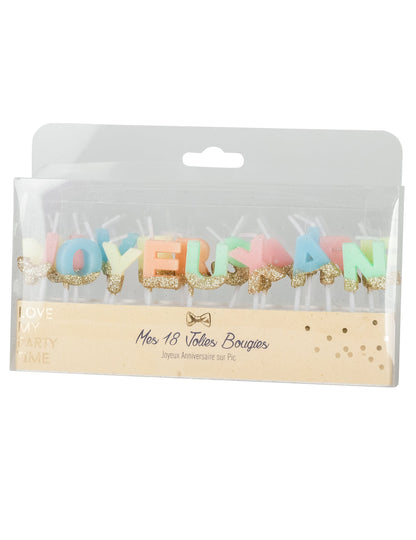 Vue de l'emballage des bougies Joyeux anniversaire pour gâteau multicolores et paillettes or