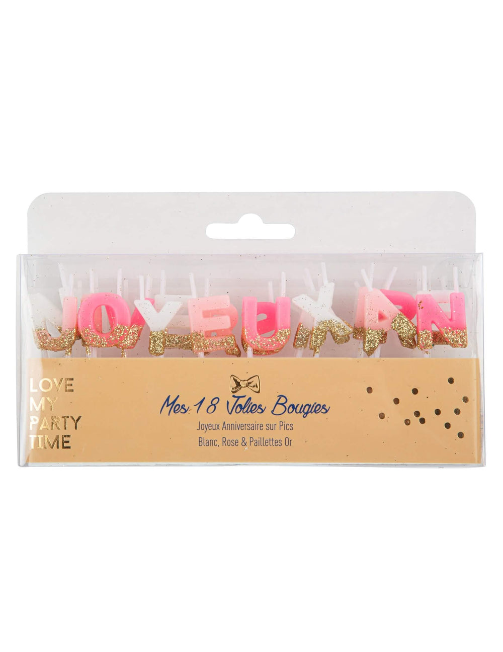 Bougies sur pic Joyeux anniversaire pour fête blanc rose et paillettes or