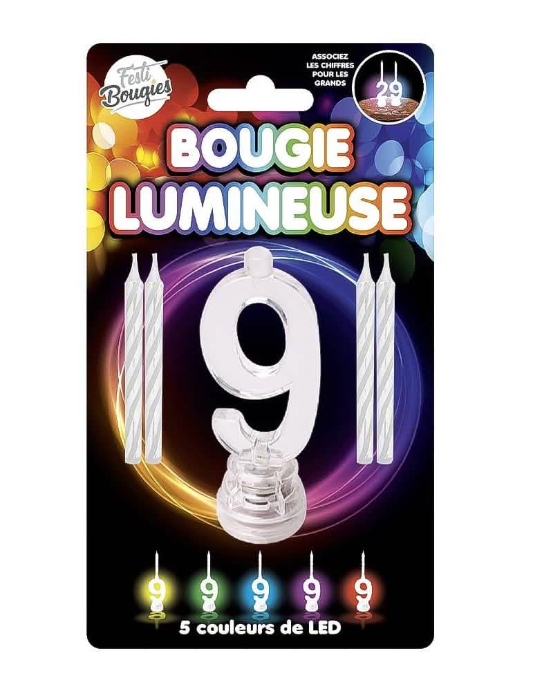 LED-valosynttilä numero 9 synttäreille, jossa 5 LED-väriä
