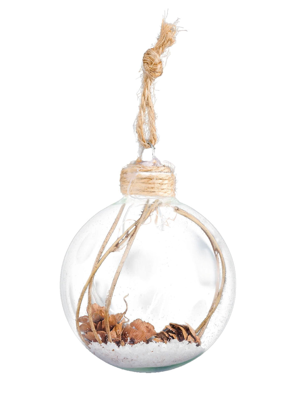 Boule de Noël en verre avec pommes de pin et neige transparente avec attache en corde de jute