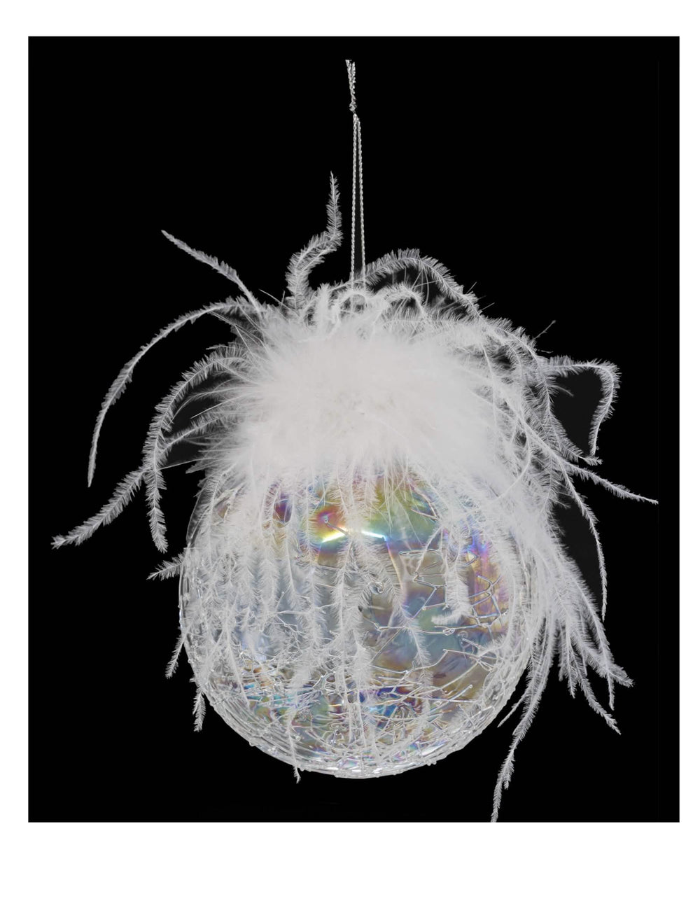 Boule de noël en verre irisée et craquelée avec plumes blanches