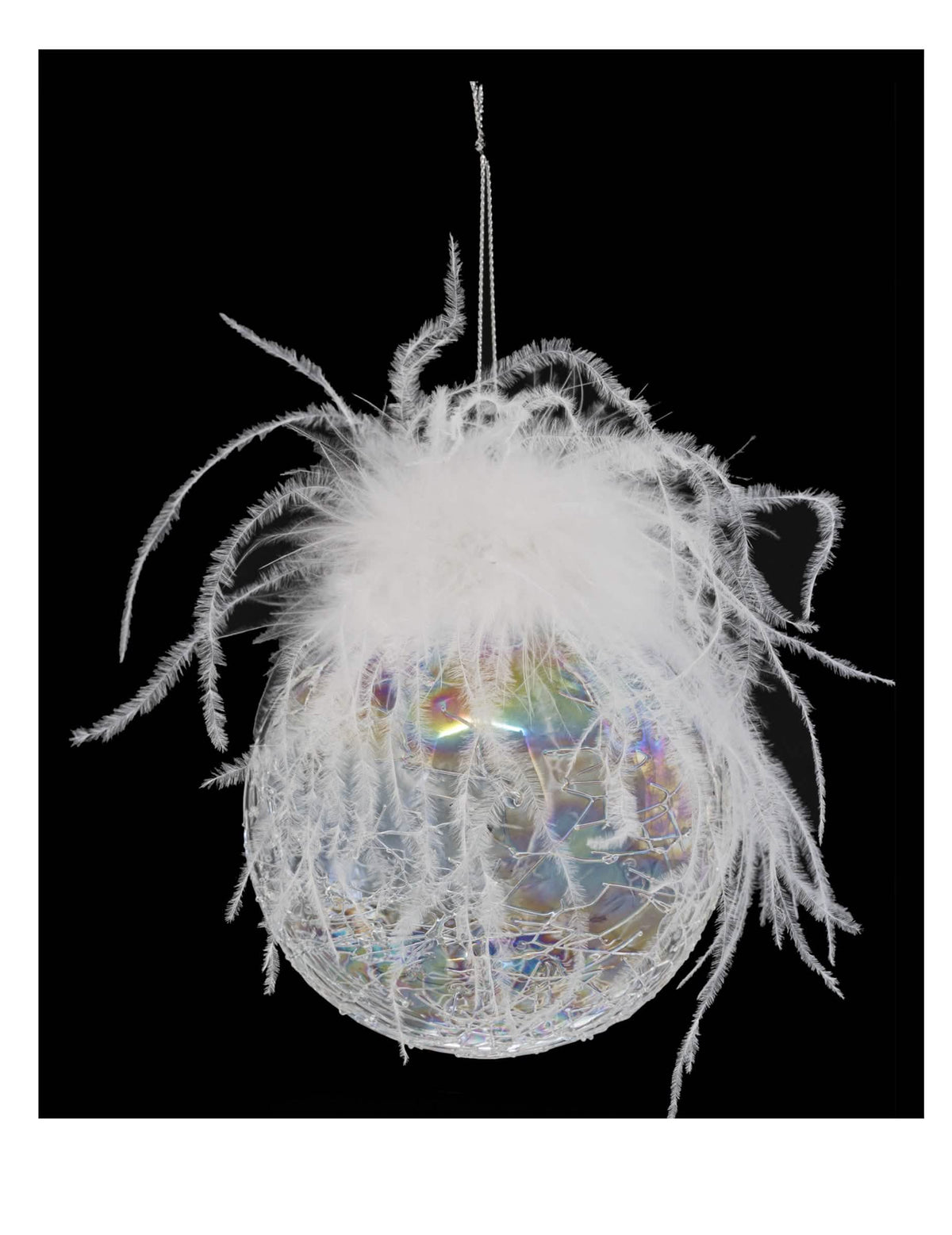 Boule de noël en verre irisée et craquelée avec plumes blanches