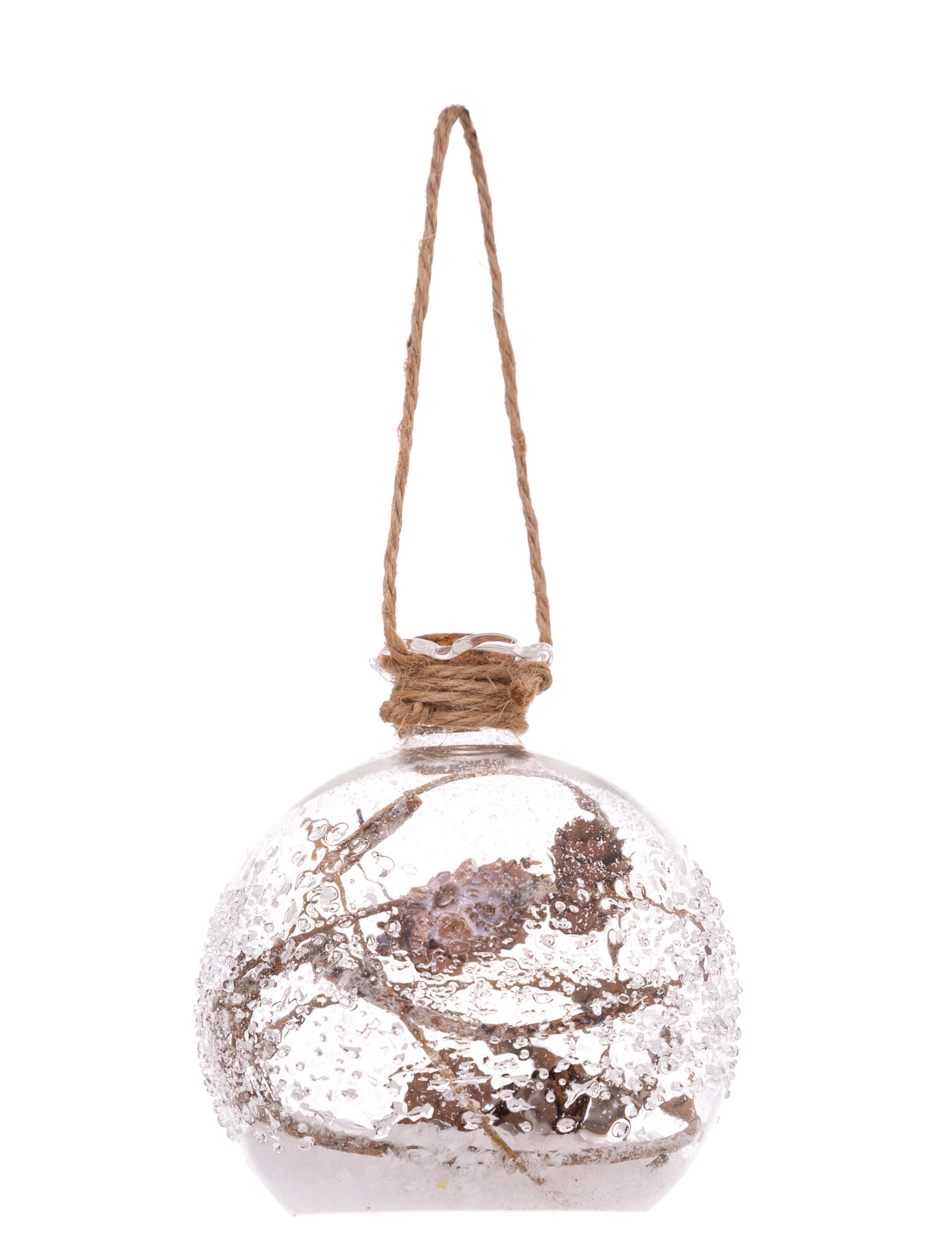 Boule de noël en verre fiole givrée pour décoration avec neige et brindilles marron
