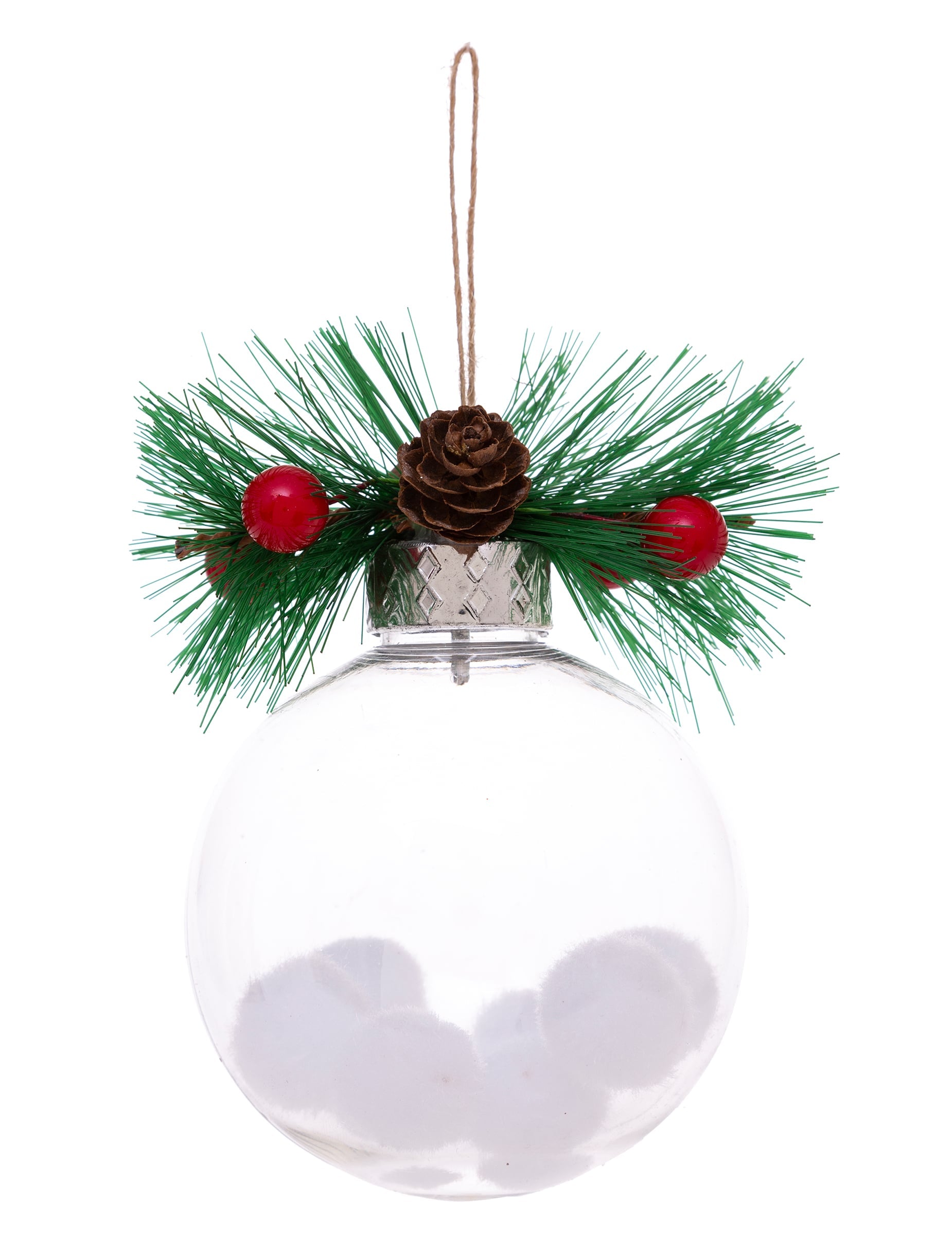 Vue de face de la boule de Noël naturelle avec neige et sapin