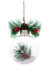 Boule de Noël naturelle avec neige et sapin transparente avec pomme de pin et baies rouges