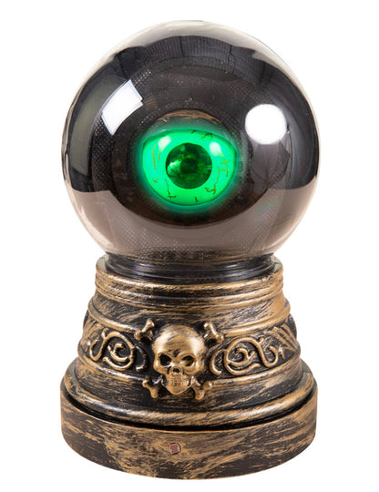 Boule de cristal œil animée pour Halloween avec socle tête de mort et lumière verte