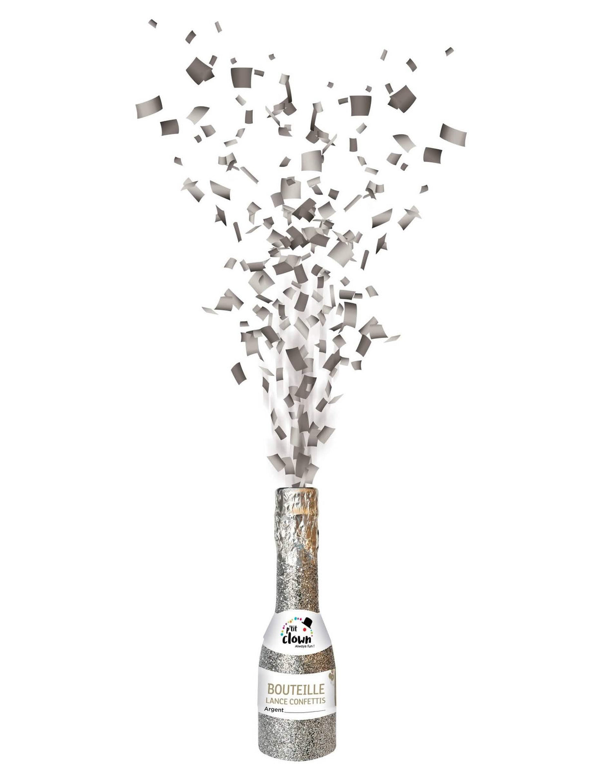 Bouteille canon à confettis pour fête argentée