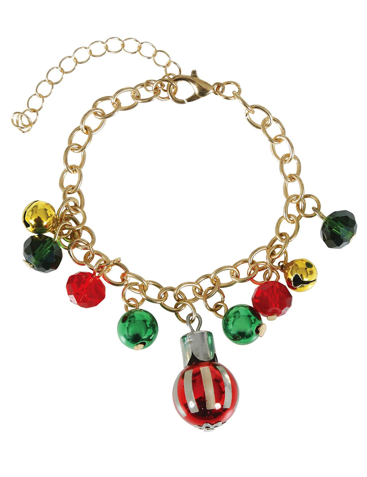 Bracelet métallique boules de Noël pour adulte doré avec breloques rouges et vertes