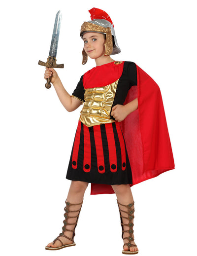 Déguisement de centurion Romain pour enfant rouge, noir et doré avec cape et casque