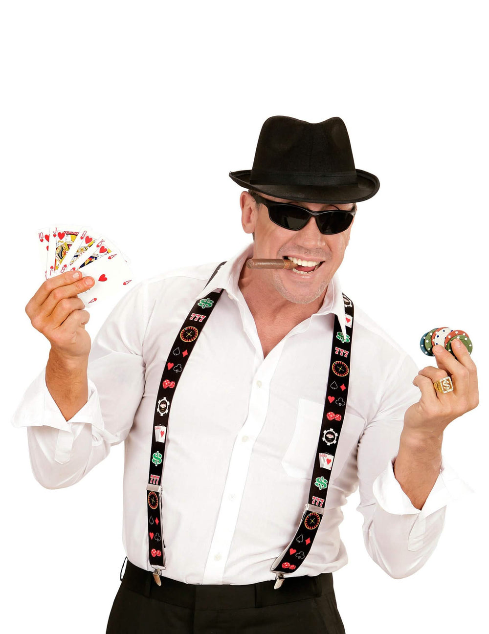 Mustat aikuiset pokerinpelaajan henkselit kasinokuvioilla