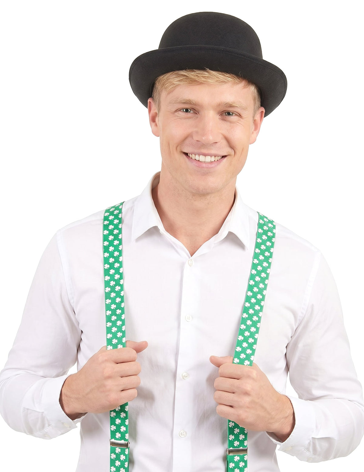 St. Patrick's Day - aikuisten vihreät henkselit valkoisilla apilakoristeilla