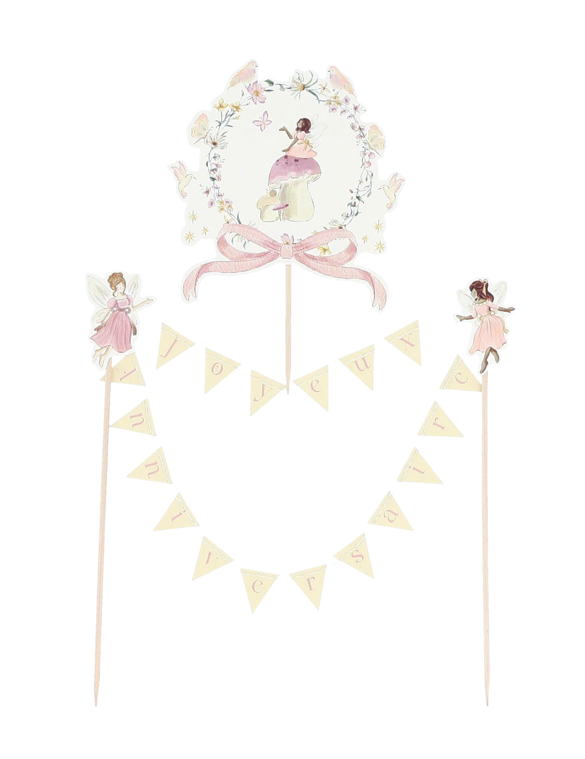 Cake topper guirlande joyeux anniversaire fée pour enfant pastel avec médaillon et fleurs