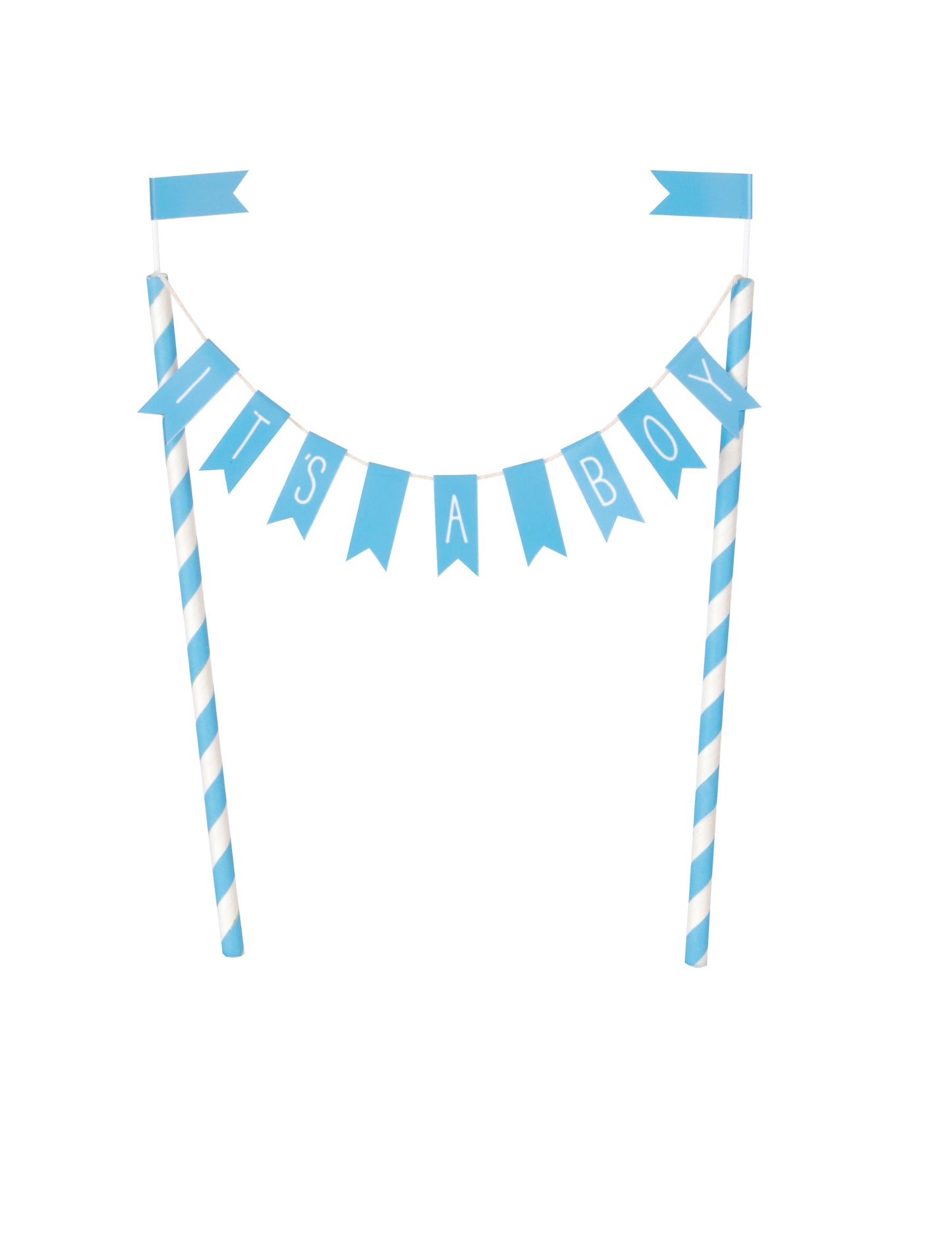 Cake topper It's a boy pour baby shower bleu avec fanions et pailles rayées