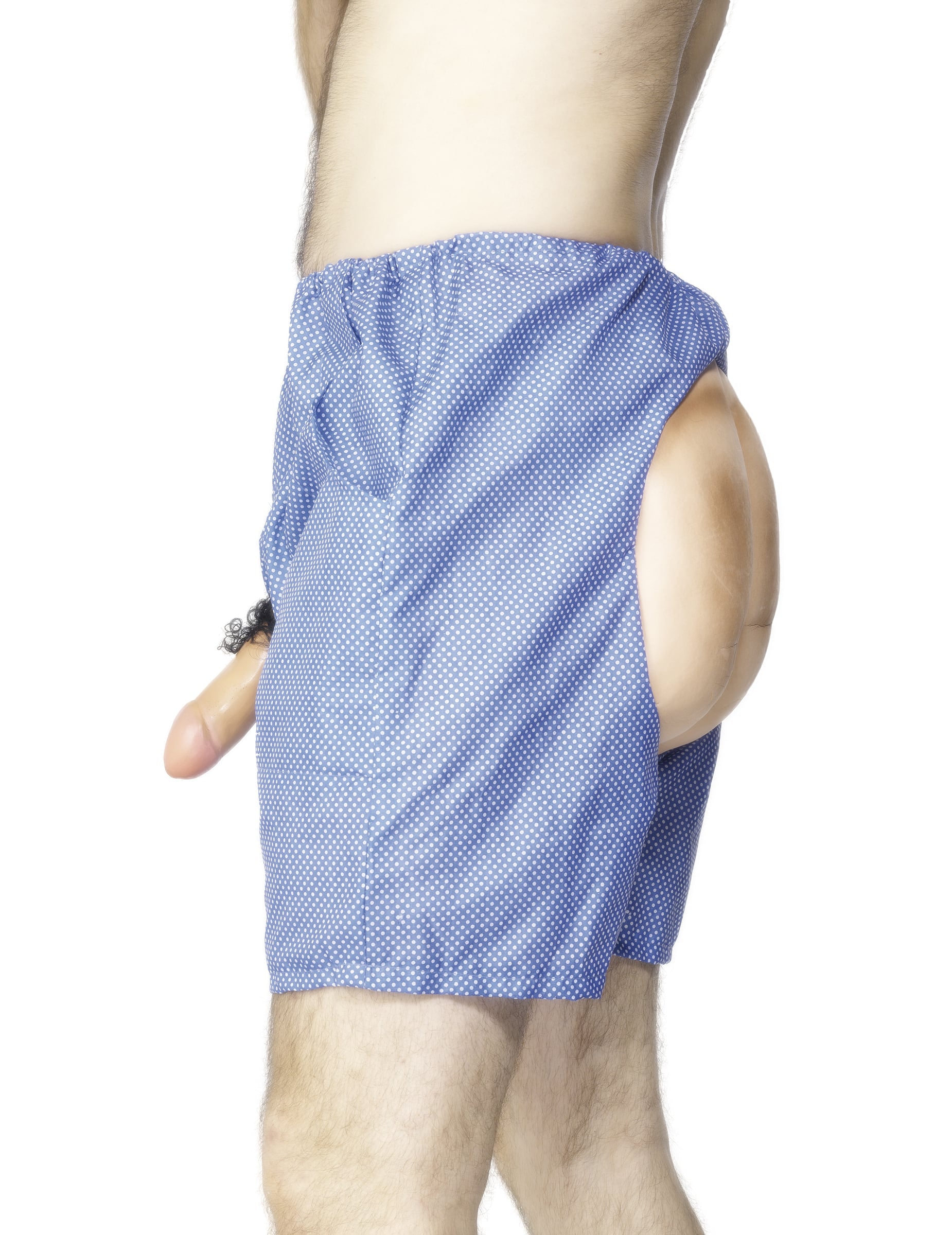 Caleçon humoristique pour adulte bleu à pois blancs avec fesses et membre factices