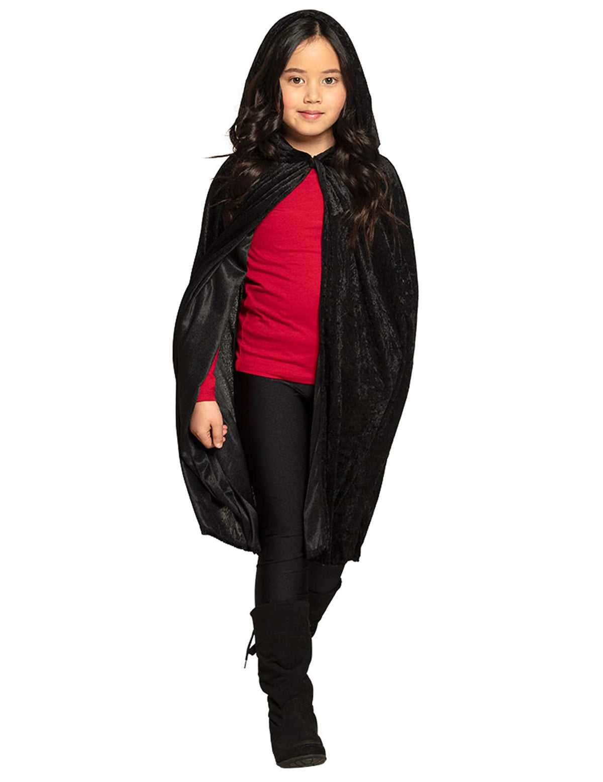 Vue de face de la cape en velours noir pour enfant avec capuche