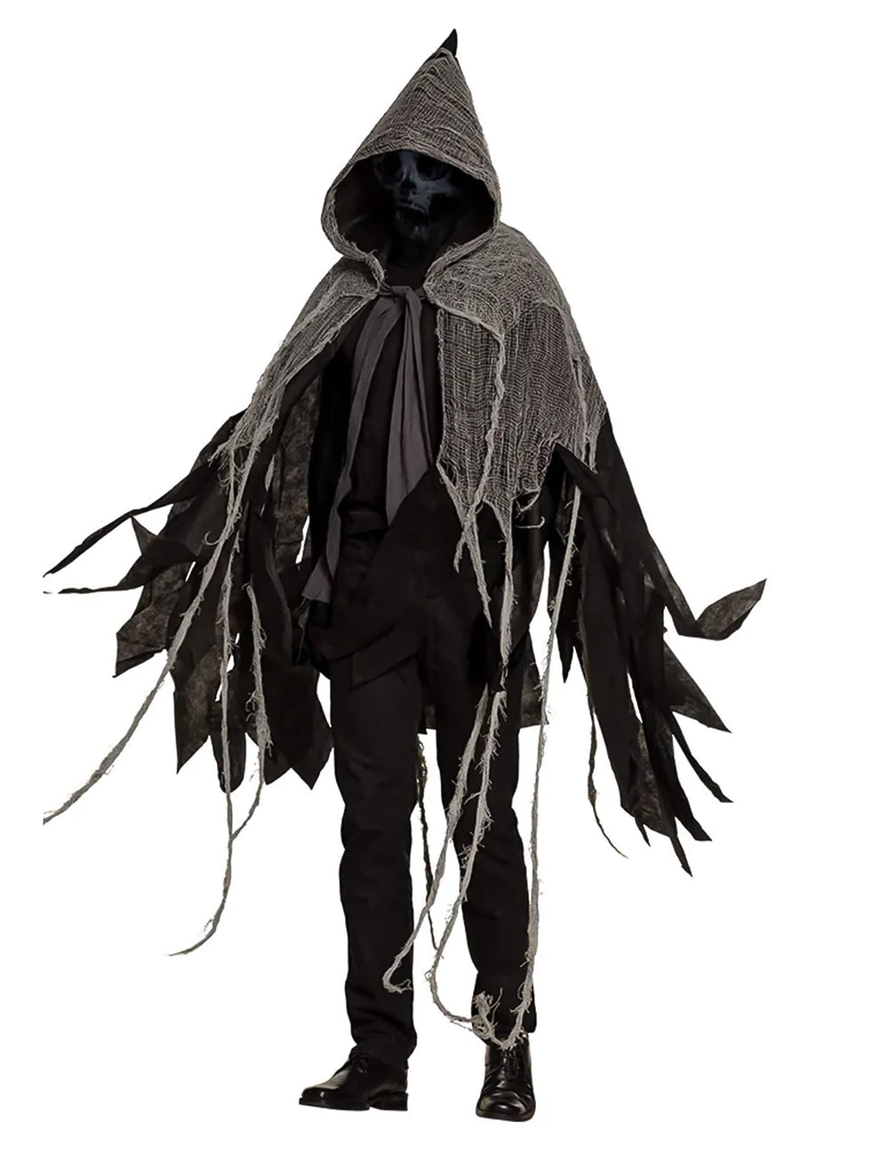 halloweenin tumman viitan edestä kuvattu näkymä