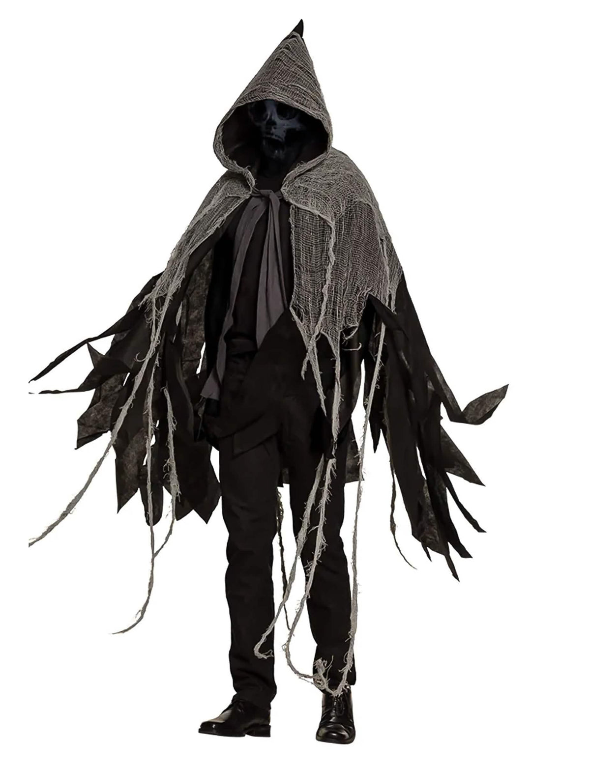 halloweenin tumman viitan edestä kuvattu näkymä