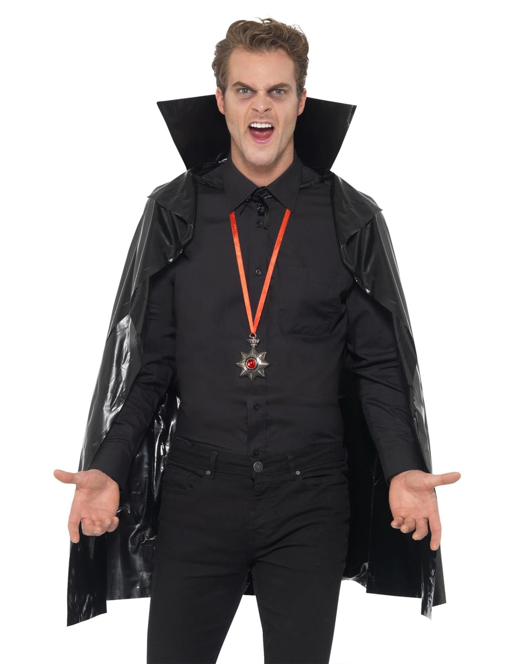 Cape de vampire Halloween pour adulte noire avec col montant et médaillon