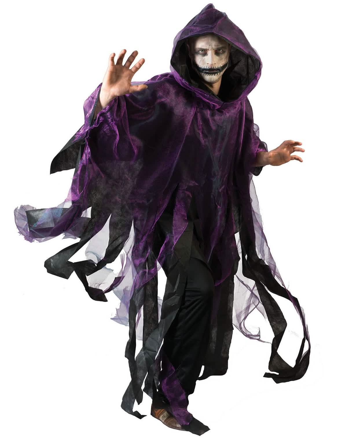 aikuiset halloween -viitta violettina ja mustana, jossa on repaleinen huppu