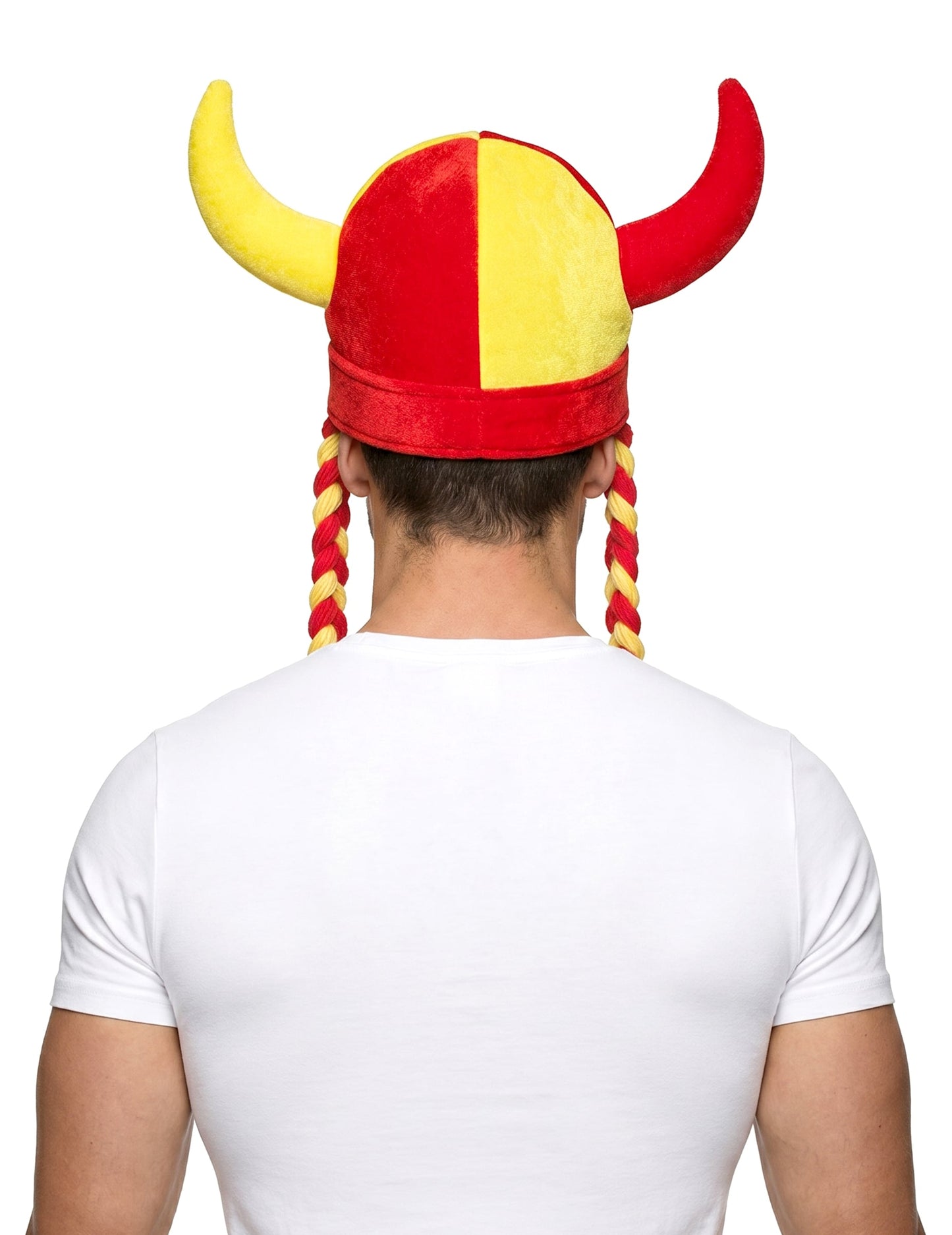 Punainen ja keltainen Espanja-fanien kangaskypärä sarvilla ja letillä