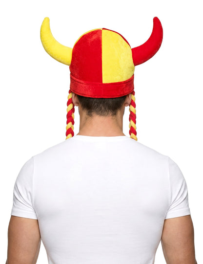 Punainen ja keltainen Espanja-fanien kangaskypärä sarvilla ja letillä