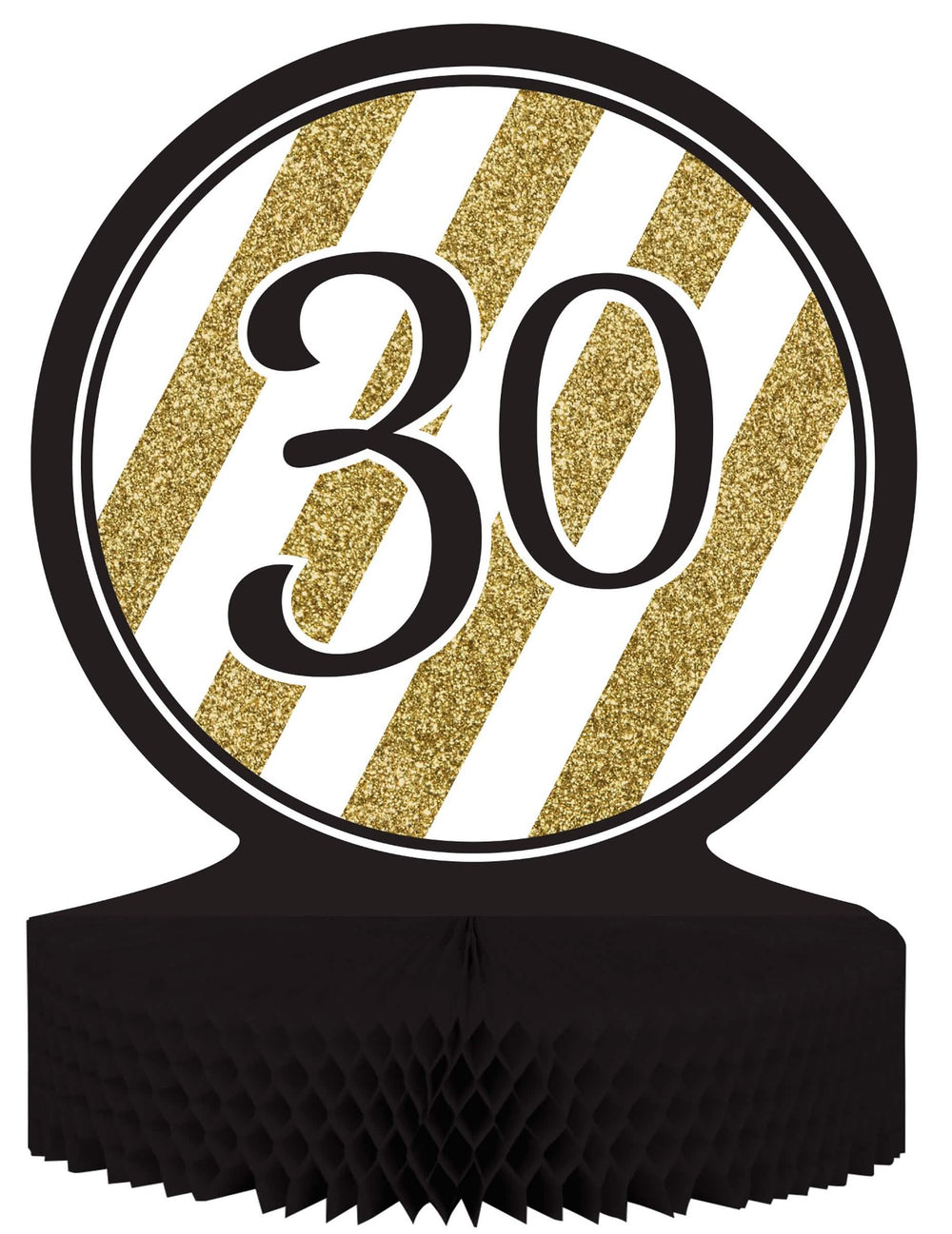 Centre de table en papier alvéolé 30 ans pour anniversaire noir et doré à rayures pailletées
