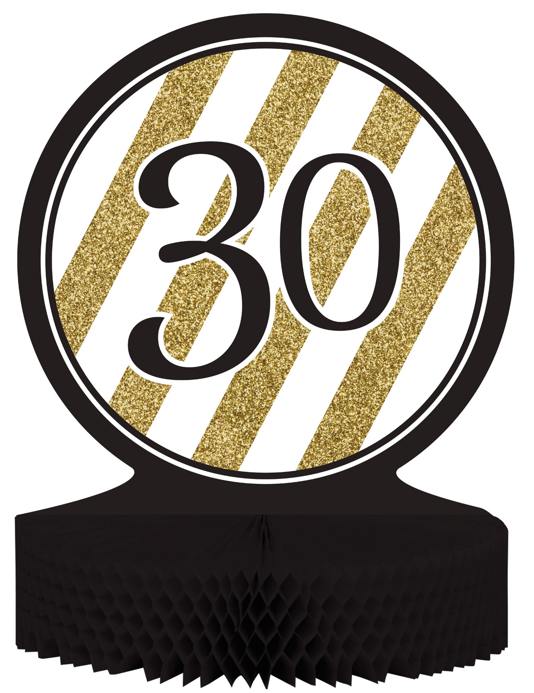 Centre de table en papier alvéolé 30 ans pour anniversaire noir et doré à rayures pailletées