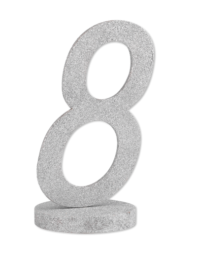 Centre de table chiffre 8 pour fête argenté à paillettes avec socle en bois